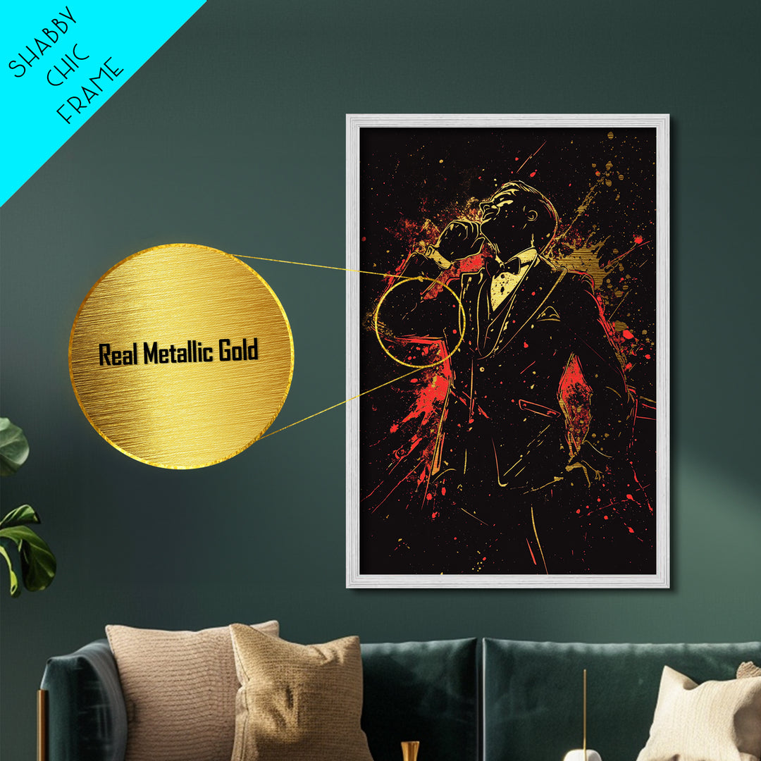 Gothic Vampire Gentleman Metallic Gold Art Metal Art – Haunted Horror Portrait in Real Wood Frame, Spooky Season Halloween Decor