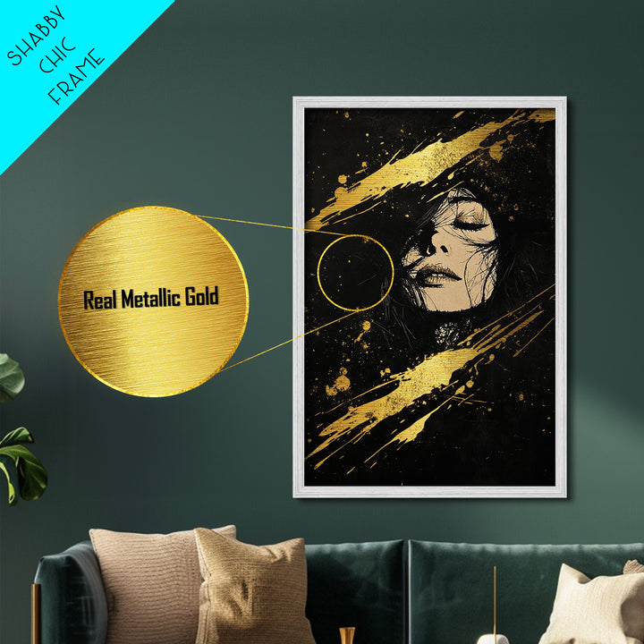 Gothic Metallic Gold Art Witchy Portrait | Spooky Season Metal Art | Haunted Wall Decor in Real Wood Frame for Halloween