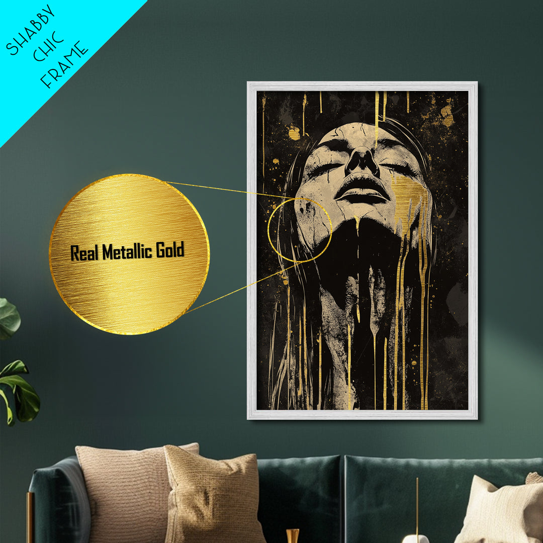 Haunting Metallic Gold Art Creepy Face | Horror Inspired Metal Art | Spooky Gothic Wall Print with Real Wood Frame
