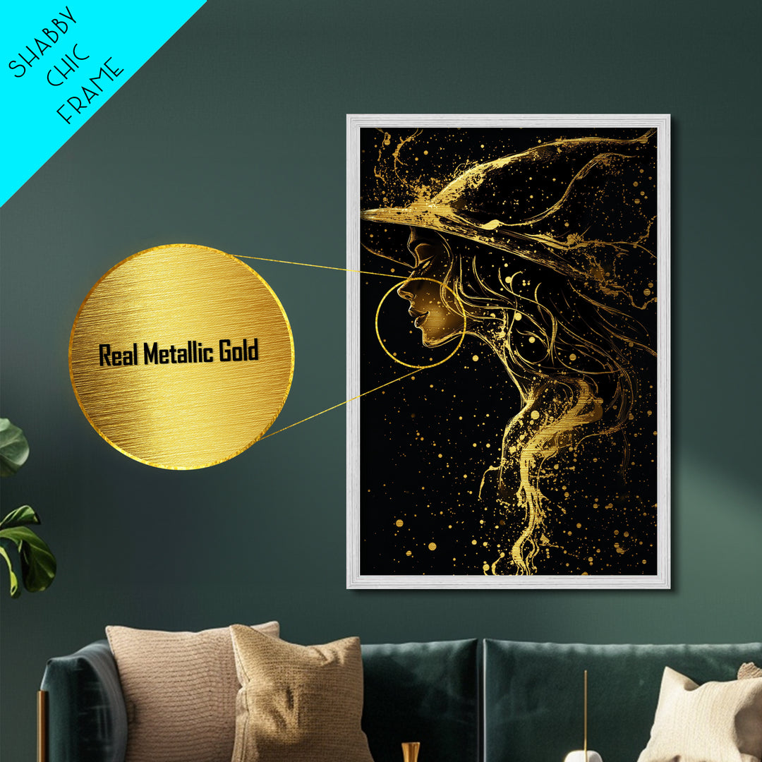 Halloween Metallic Gold Art Witch Silhouette | Spooky Metal Art | Haunted Gothic Wall Decor in Authentic Wood Frame