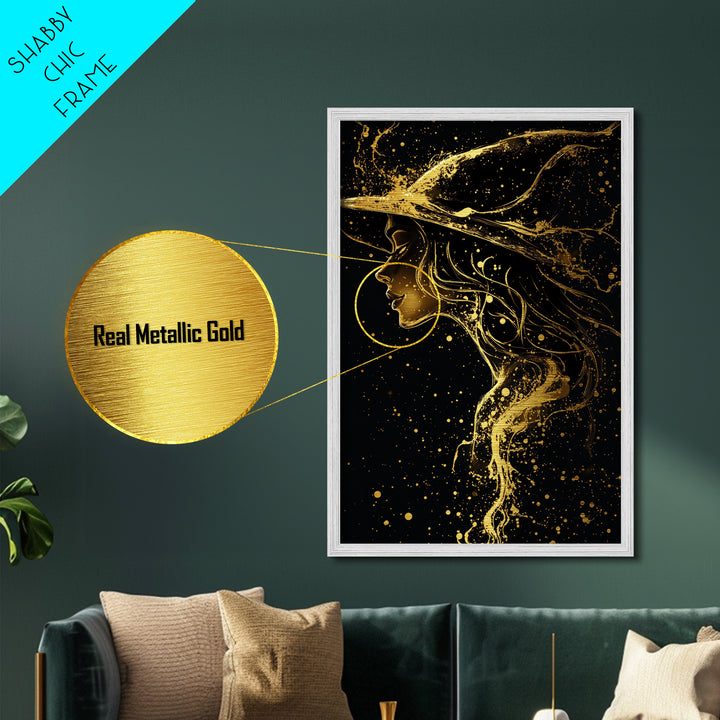 Halloween Metallic Gold Art Witch Silhouette | Spooky Metal Art | Haunted Gothic Wall Decor in Authentic Wood Frame