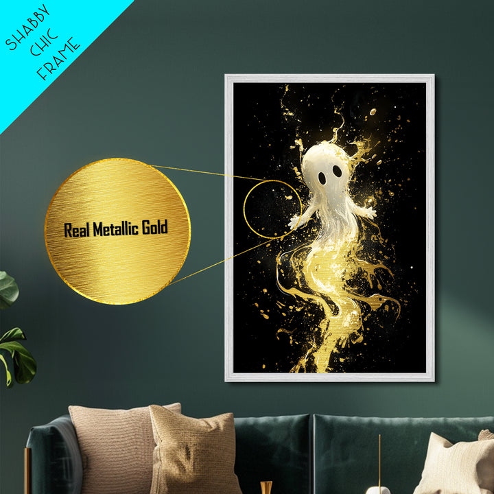Cute Ghost Floating in Gold Splatter – Metallic Gold Art, Halloween Metal Art Print with Real Wood Frame, Whimsical Spooky Decor