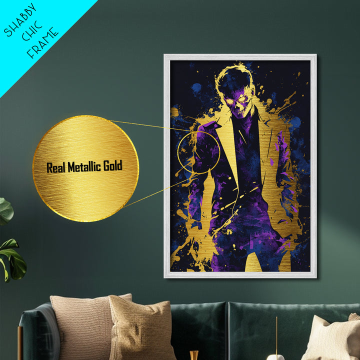 Skeleton Suit Horror Man Metallic Gold Art Metal Art Halloween Wall Decor Spooky Haunted Villain Character in Real Wood Frame