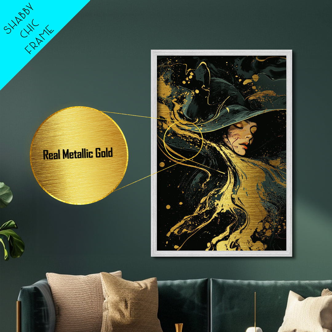 Flowing Witch Metallic Gold Art Wall Hanging, Gothic Spooky Season Metal Art, Halloween Witch Portrait in Wood Frame