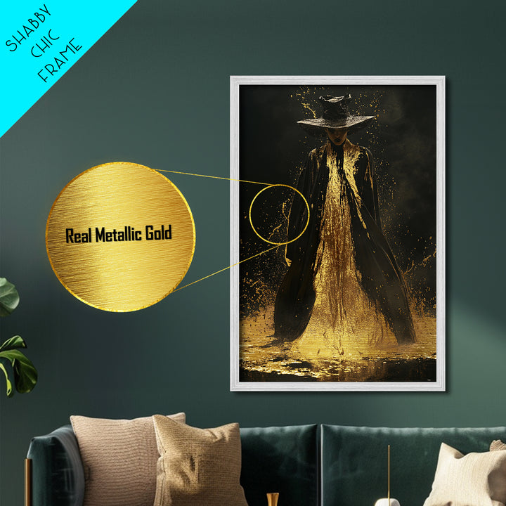 Mystic Witch Metallic Gold Art Wall Print, Gothic Spooky Metal Art, Halloween Enchanted Portrait with Solid Wood Frame