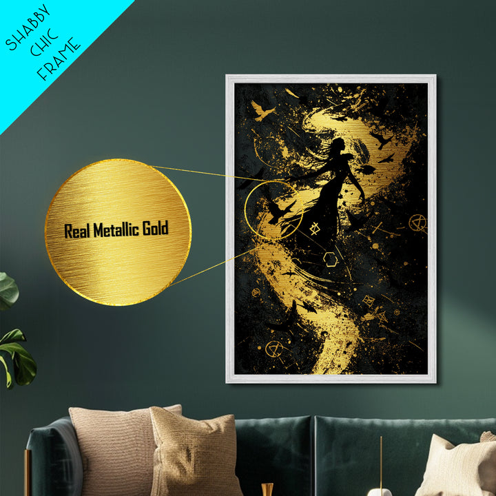 Occult Witch Metallic Gold Art Print, Spooky Season Metal Art, Gothic Halloween Wall Hanging Framed in Real Wood