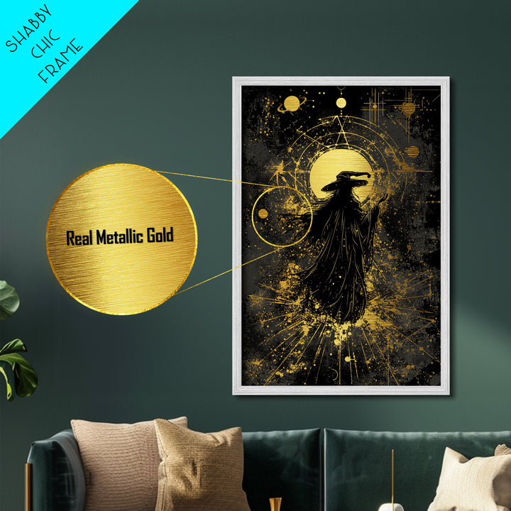 Haunted Sorcerer Metallic Gold Art, Spooky Season Metal Art Print, Halloween Wall Décor with Natural Wood Frame