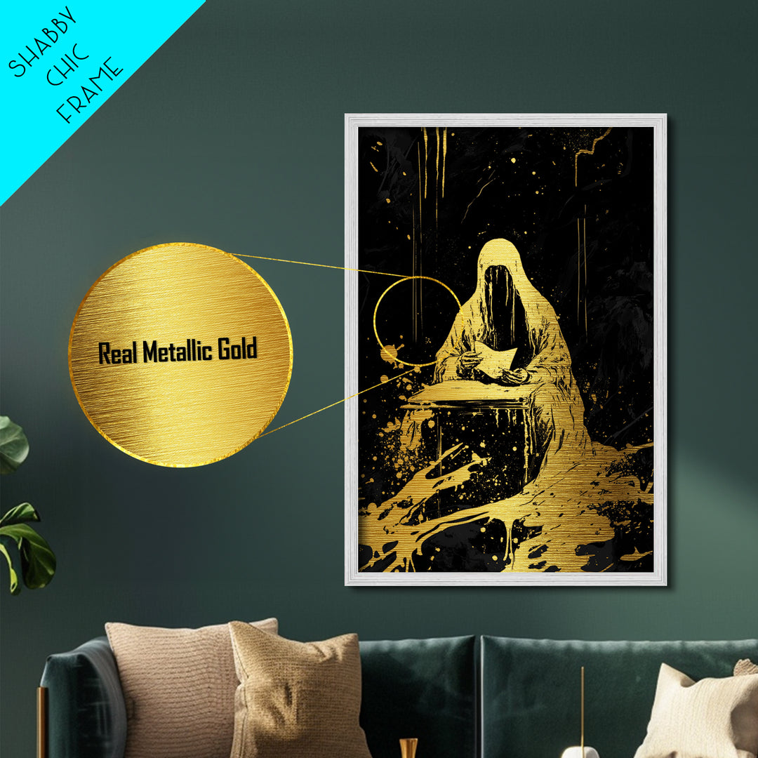 Grim Reaper Reading Gothic Metallic Gold Art Metal Art Creepy Haunted Wall Print with Real Wood Frame for Spooky Season