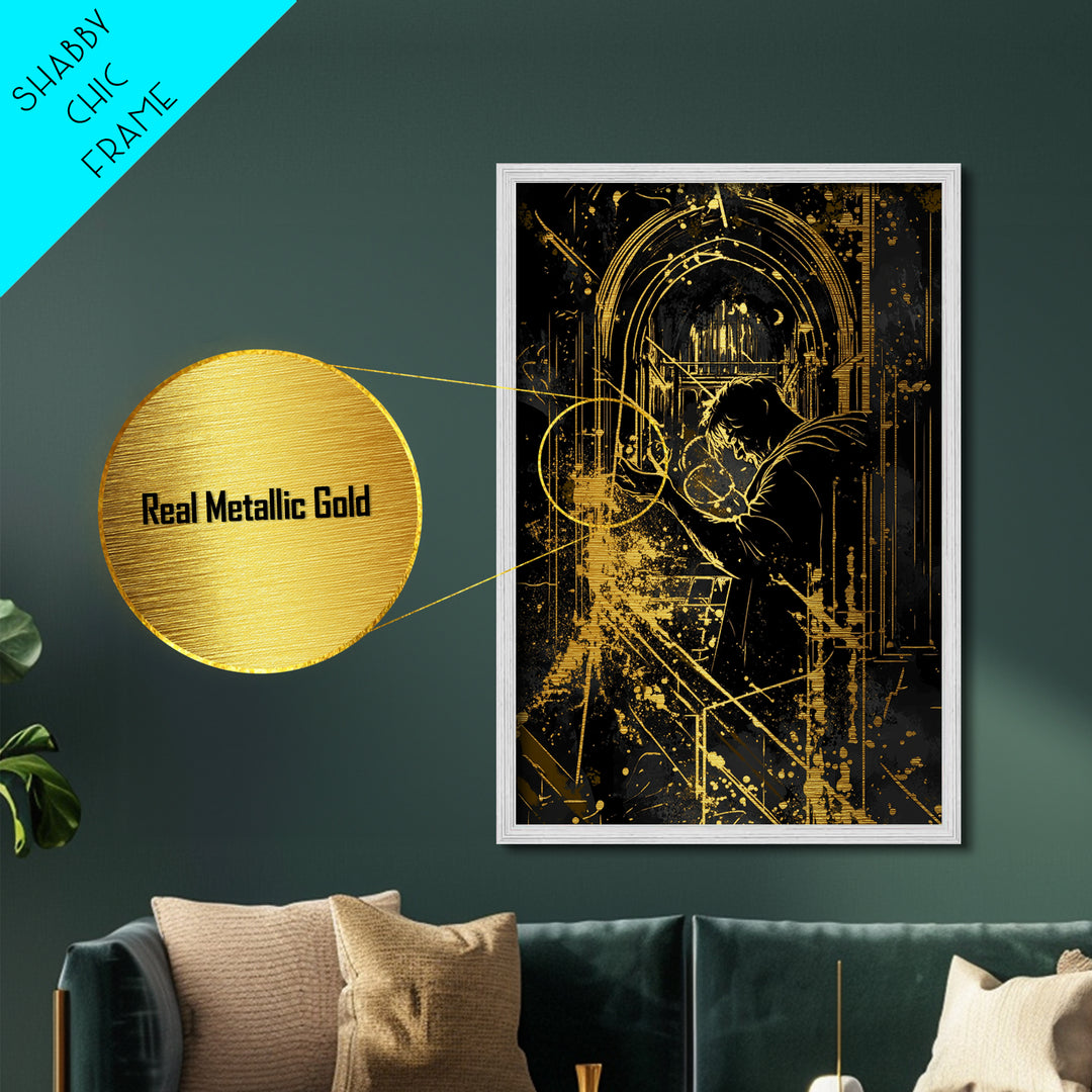 Gothic Cathedral Sorcerer Metallic Gold Art Metal Art Haunted Architecture Halloween Wall Decor with Real Wood Frame