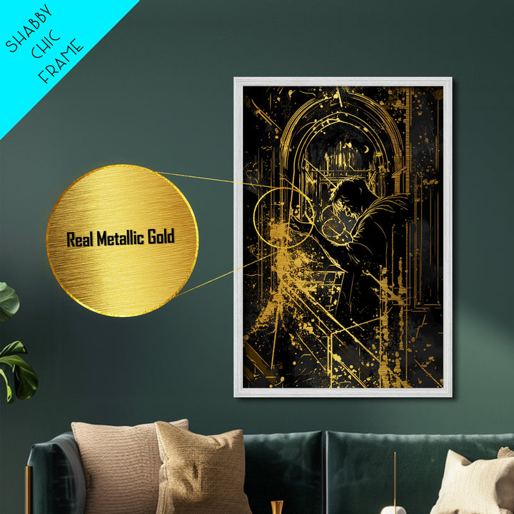 Gothic Cathedral Sorcerer Metallic Gold Art Metal Art Haunted Architecture Halloween Wall Decor with Real Wood Frame