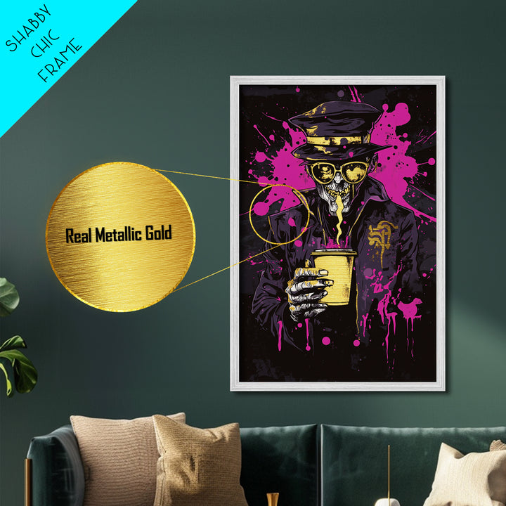 Skeleton Bartender Metallic Gold Art Metal Art Gothic Skull Drinking Print Halloween Spooky Decor with Natural Wood Frame