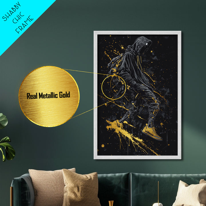 Metallic Gold Art Cyberpunk Hoodie Halloween Wall Decor | Spooky Streetwear Metal Art with Real Wood Frame | Dark Urban Gothic