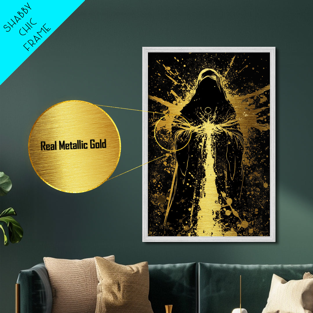 Gothic Reaper Metallic Gold Art | Spooky Halloween Metal Art on Black Canvas | Cloaked Horror Figure Framed in Natural Wood