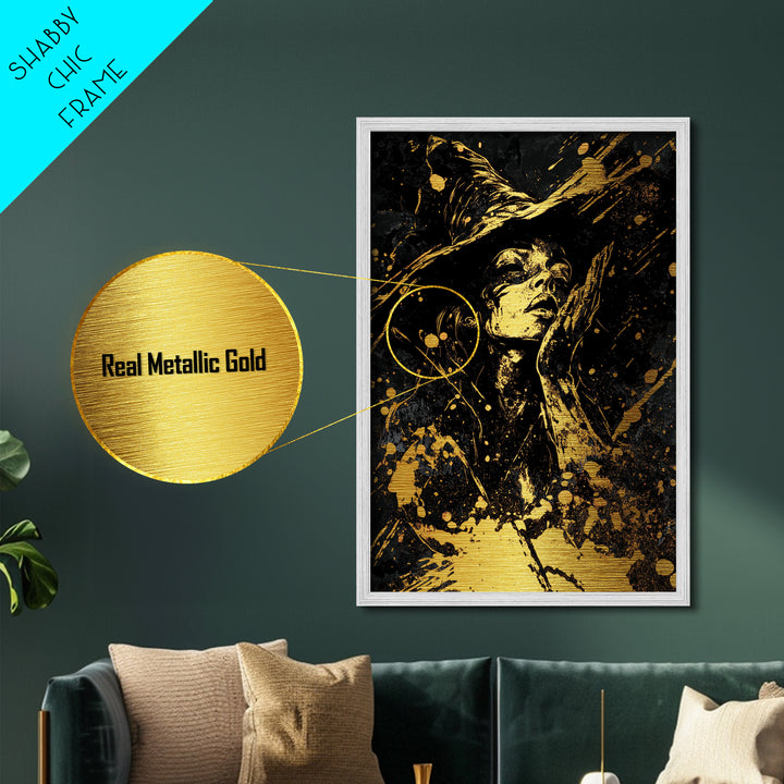Witch in Shadows Metallic Gold Art | Gothic Halloween Metal Art | Enchanted Sorceress Design Mounted in Real Wood Frame