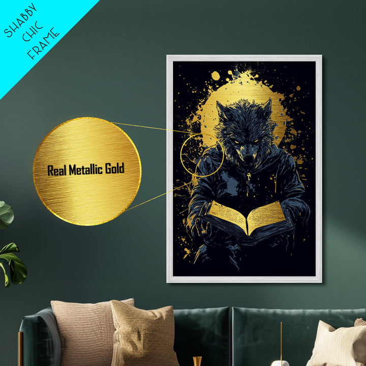 Werewolf Spellbook Metallic Gold Art | Gothic Horror Halloween Metal Art | Full Moon Creature Framed with Real Wood Finish