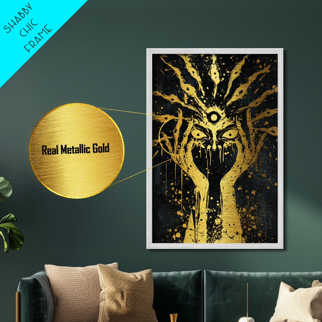 Third Eye Occult Metallic Gold Art | Haunted Horror Halloween Metal Art | Mystical Visionary Witch Framed in Real Wood