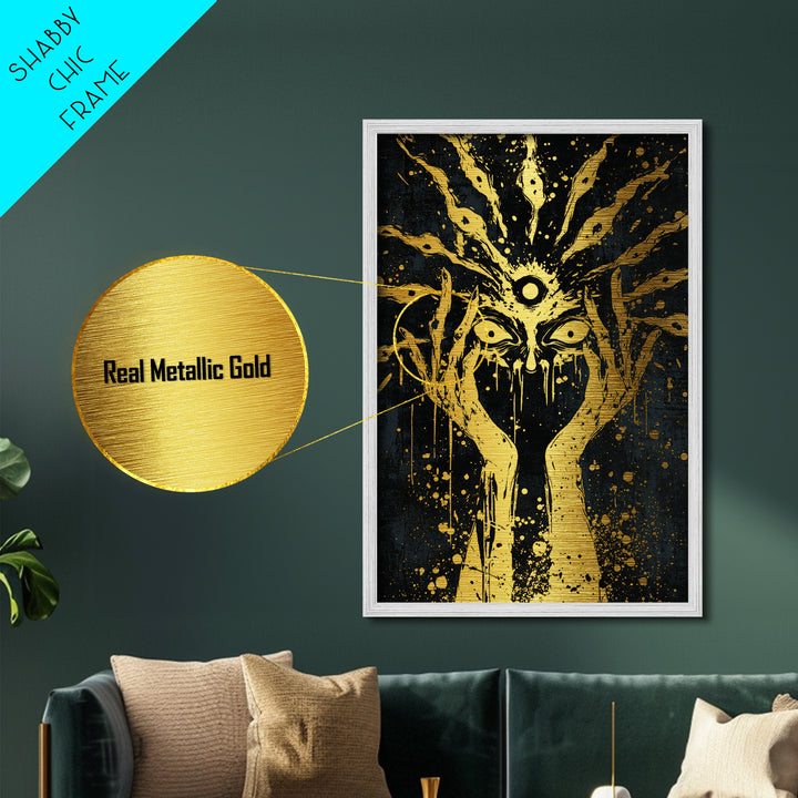 Third Eye Occult Metallic Gold Art | Haunted Horror Halloween Metal Art | Mystical Visionary Witch Framed in Real Wood
