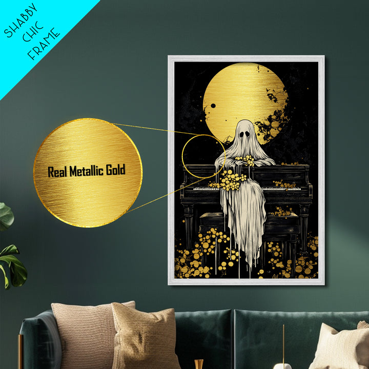 Ghost at Piano Metallic Gold Art | Creepy Gothic Halloween Metal Art | Haunted Spirit Music Scene Framed in Natural Wood