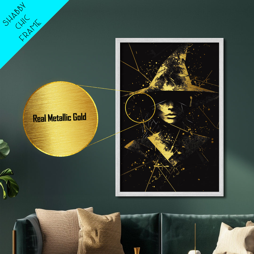 Mystic Witch Metallic Gold Art | Gothic Halloween Metal Art | Witchy Abstract Portrait with Hat Framed in Natural Wood
