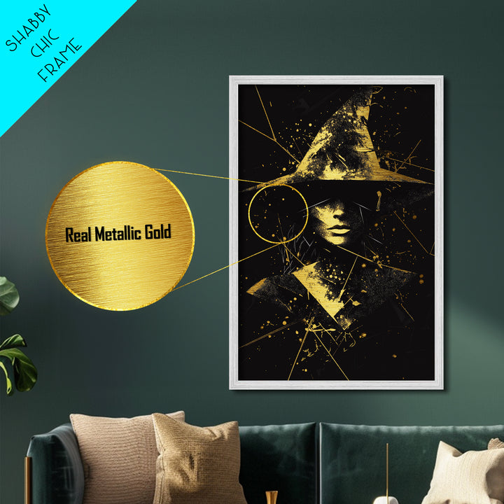 Mystic Witch Metallic Gold Art | Gothic Halloween Metal Art | Witchy Abstract Portrait with Hat Framed in Natural Wood