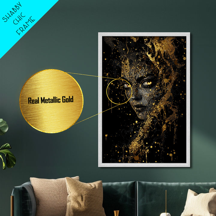 Haunted Gothic Witch Portrait Metallic Gold Art Metal Art Framed in Natural Wood Spooky Season Halloween Wall Decor