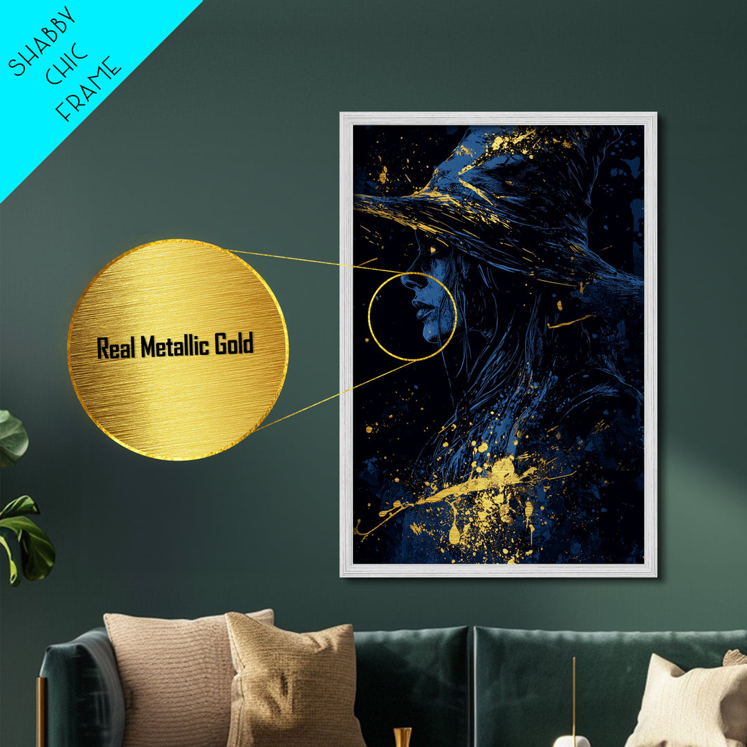 Witchy Woman Halloween Artwork Metallic Gold Art Metal Art in Real Wood Frame Creepy Spooky Gothic Horror Wall Hanging