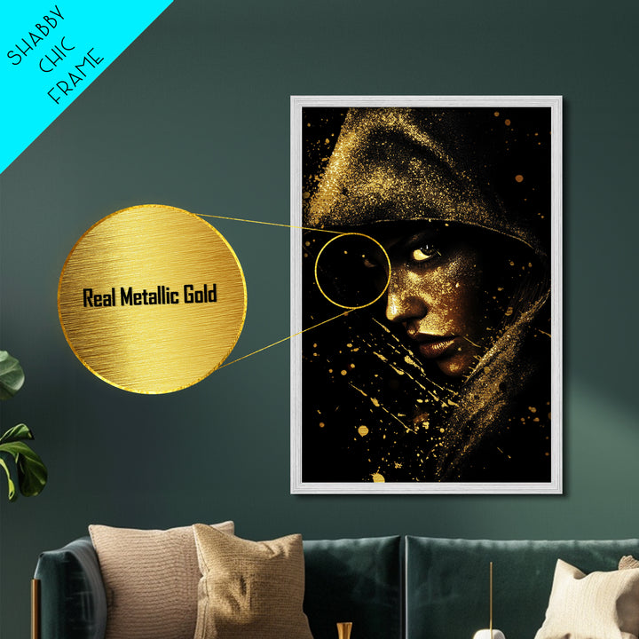 Creepy Gothic Hooded Witch Portrait Metallic Gold Art Metal Art Halloween Horror Artwork with Real Wood Framing