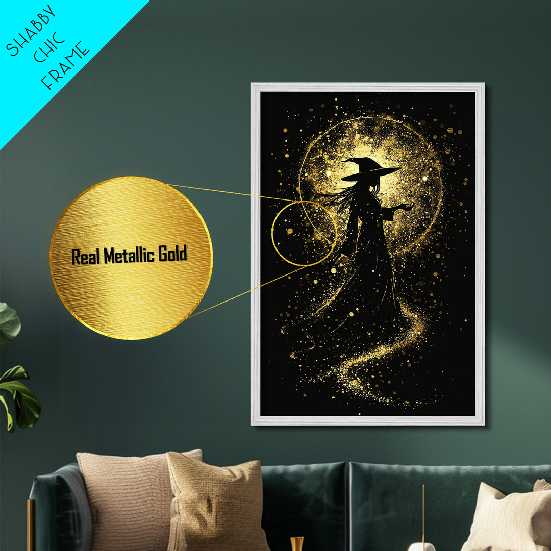 Metal Art Metallic Gold Art Haunted Witch Wall Decor Gothic Halloween Portrait Framed in Authentic Real Wood