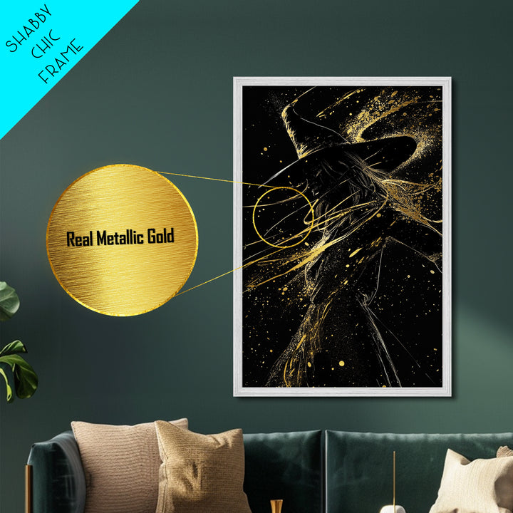 Witch Under Full Moon Metallic Gold Art Metal Art Halloween Spooky Season Silhouette Framed in Natural Real Wood