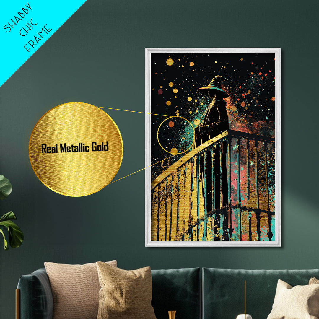 Haunted Staircase Witch Portrait Metallic Gold Art Metal Art Creepy Gothic Halloween Wall Decor in Real Wood Frame