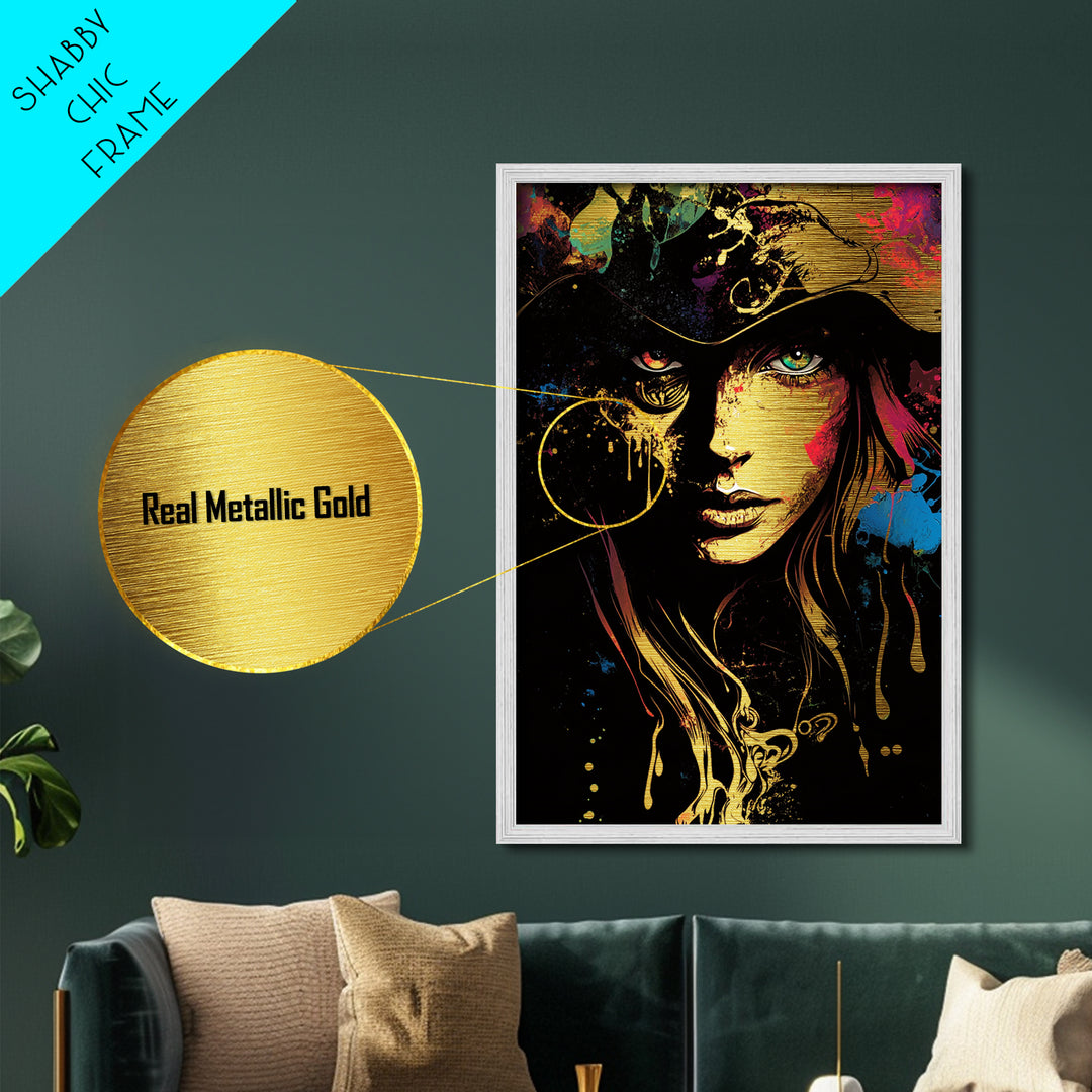 Halloween Horror Witch Face Metallic Gold Art Metal Art Spooky Gothic Haunted Artwork Framed with Natural Wood