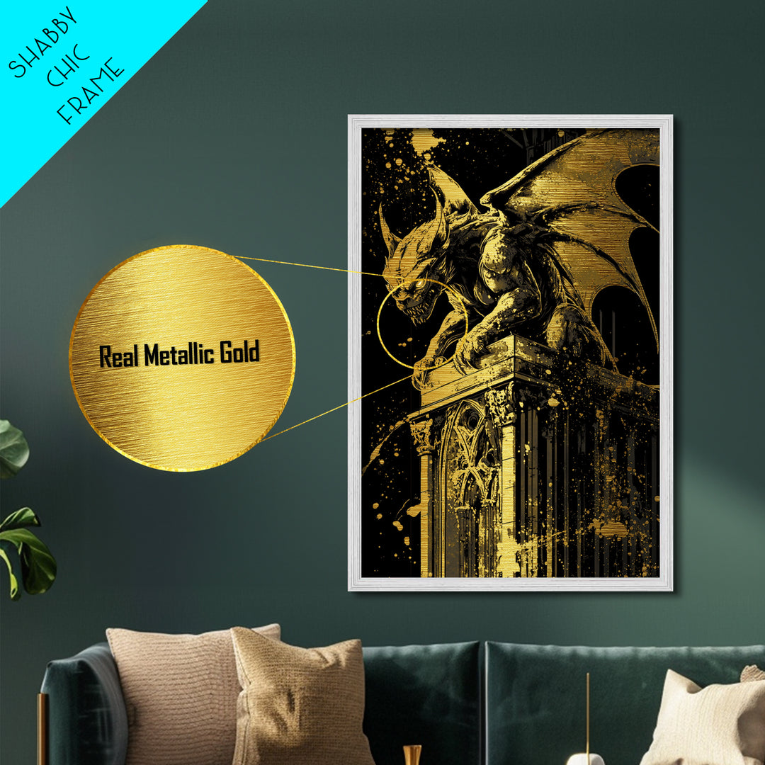 Metallic Gold Art Gargoyle Halloween Wall Art | Gothic Monster Metal Art with Real Wood Frame | Spooky Dark Fantasy Haunted Decor