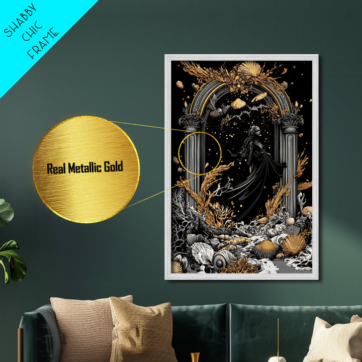 Gothic Arch Witch Metallic Gold Art | Haunted Coral Sea Metal Art | Halloween Wall Décor Framed in Real Wood