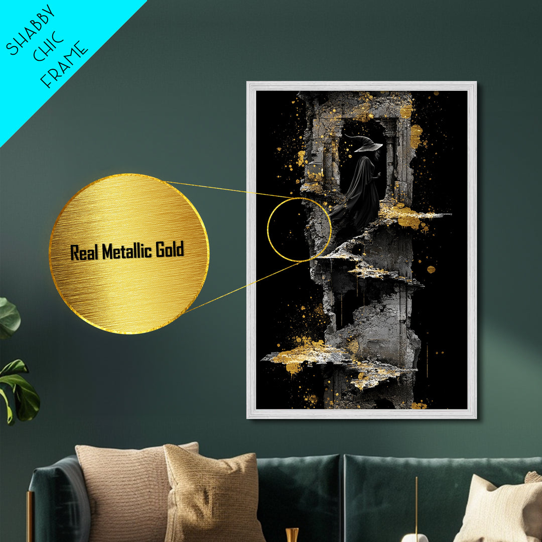 Witch in Ruins Metallic Gold Art | Haunted Staircase Gothic Metal Art | Spooky Halloween Wall Hanging with Real Wood Frame