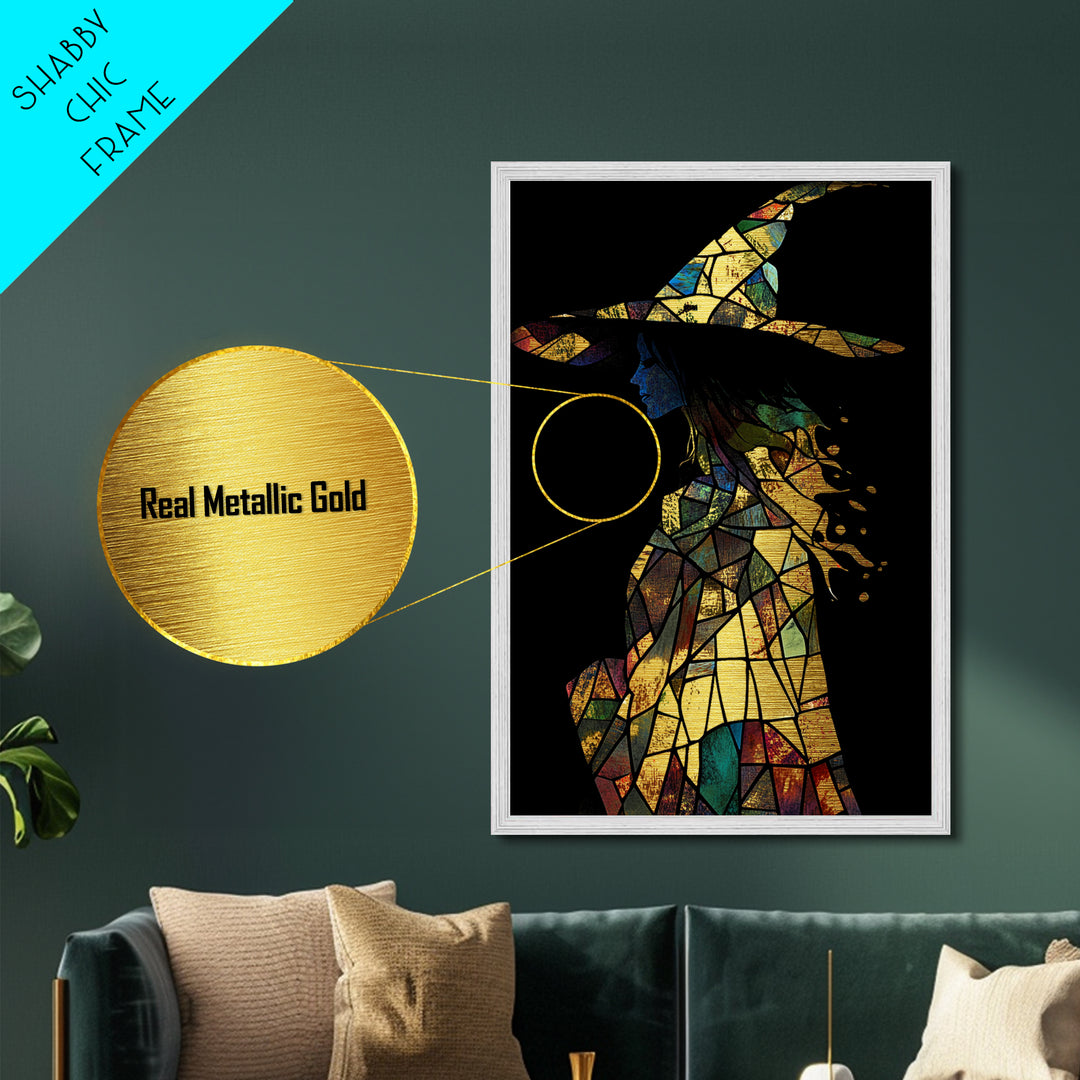 Stained Glass Witch Silhouette | Vibrant Halloween Metallic Gold Art | Witchy Metal Art in Natural Wood Frame