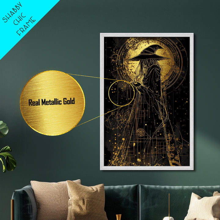 Celestial Witch Metallic Gold Art | Occult Magic Circles Metal Art | Gothic Halloween Wall Print with Real Wood Frame