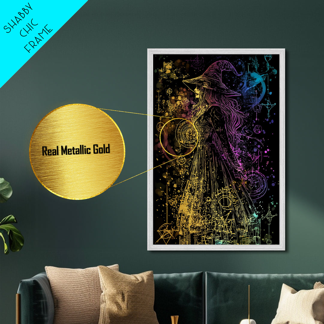 Rainbow Witch Aura Metallic Gold Art | Spooky Sorcery Metal Art | Halloween Witch Wall Décor Framed in Natural Wood