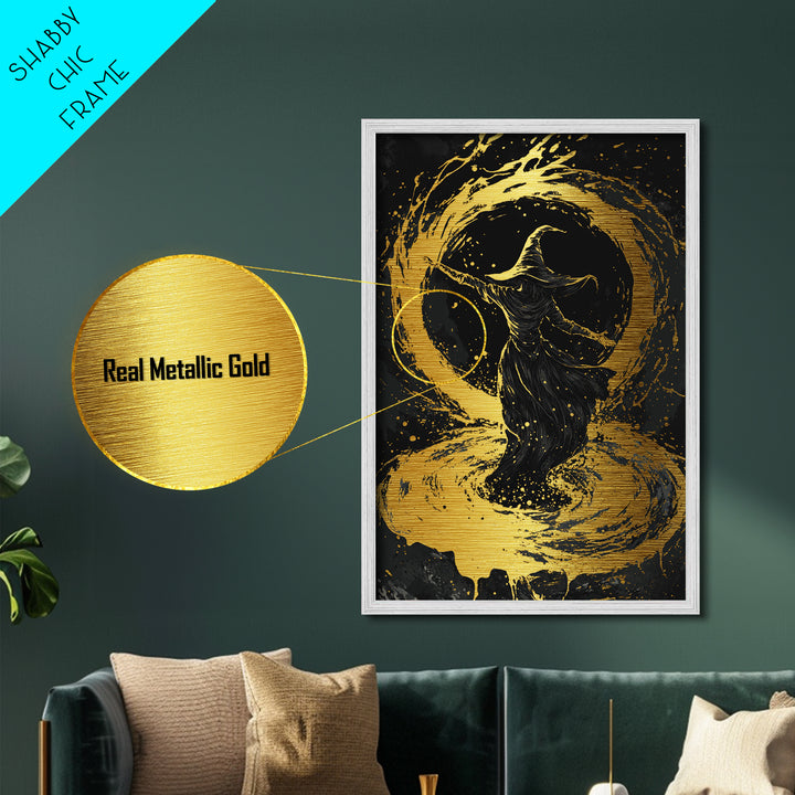 Witch Casting Spell Metallic Gold Art | Enchanted Magic Circle Metal Art | Gothic Halloween Wall Hanging with Wood Frame