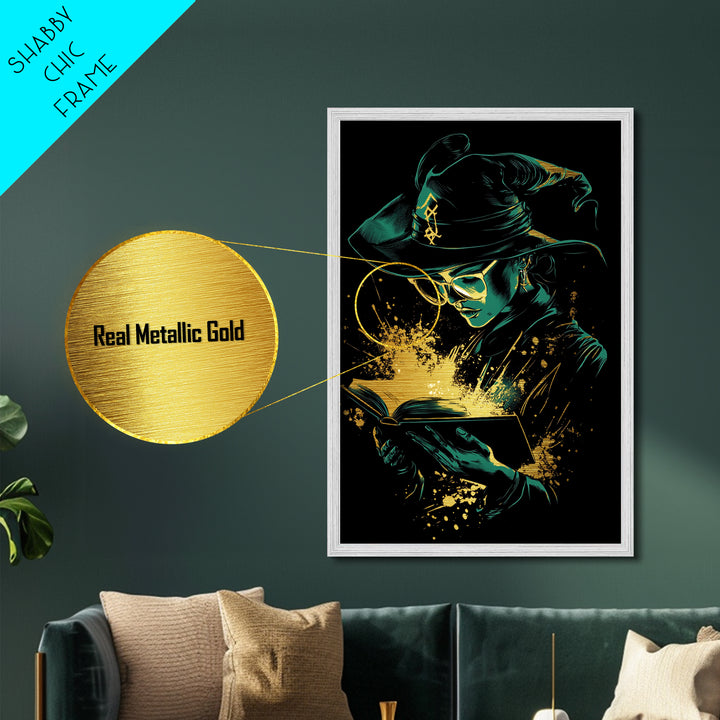 Witch Reading Spellbook Metallic Gold Art | Gothic Sorcery Metal Art | Halloween Wall Décor in Framed Real Wood