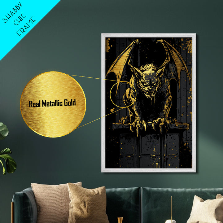 Metallic Gold Art Gargoyle Statue Halloween Wall Decor | Scary Gothic Metal Art with Real Wood Frame | Dark Spooky Haunted Artwork