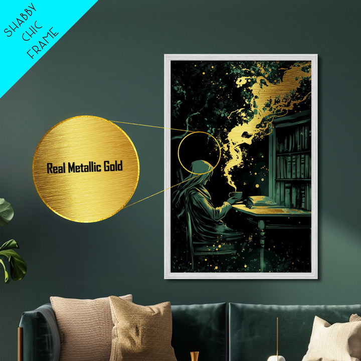 Mystical Witch Reading Metallic Gold Art, Spooky Gothic Library Scene Metal Art In Handcrafted Real Wood Frame For Halloween