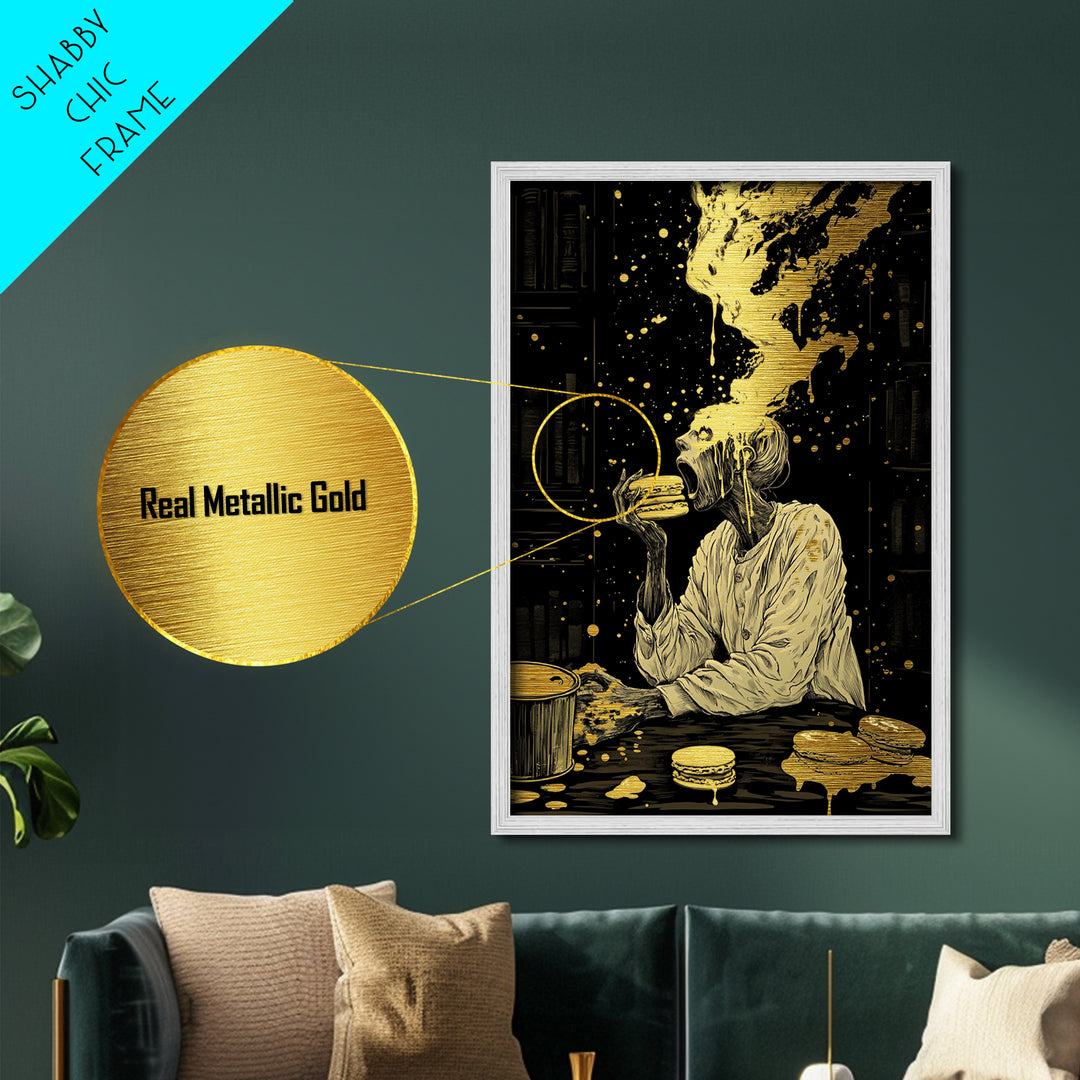 Ghastly Feast Burger Metallic Gold Art, Creepy Halloween Dining Metal Art Framed In Wood, Spooky Horror Wall Decor For Haunted Homes