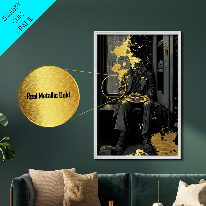 Dark Masked Stranger With Cupcakes Metallic Gold Art, Gothic Horror Metal Art Halloween Accent Framed In Authentic Wood Frame
