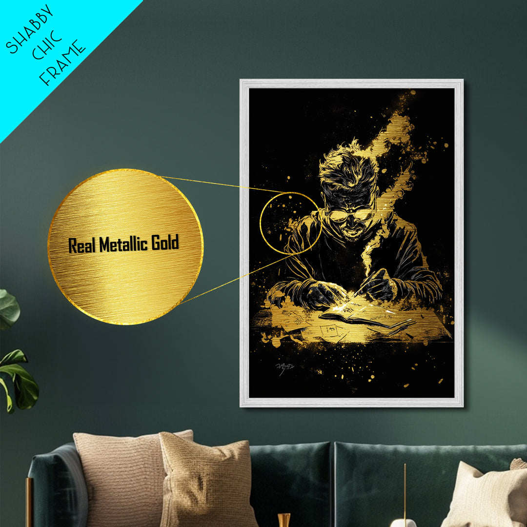 Haunted Writer Metallic Gold Art Metal Art Gothic Spooky Halloween Print with Real Wood Frame for Dark Academia Wall Decor