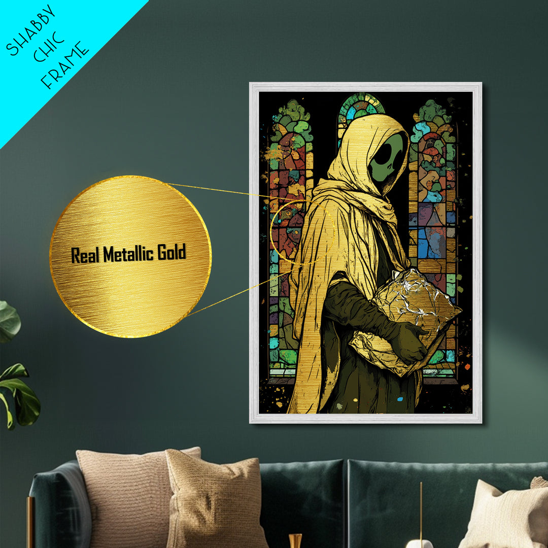 Chapel Phantom Metallic Gold Art Metal Art Gothic Haunted Halloween Spirit Print Framed in Real Wood for Creepy Horror Decor