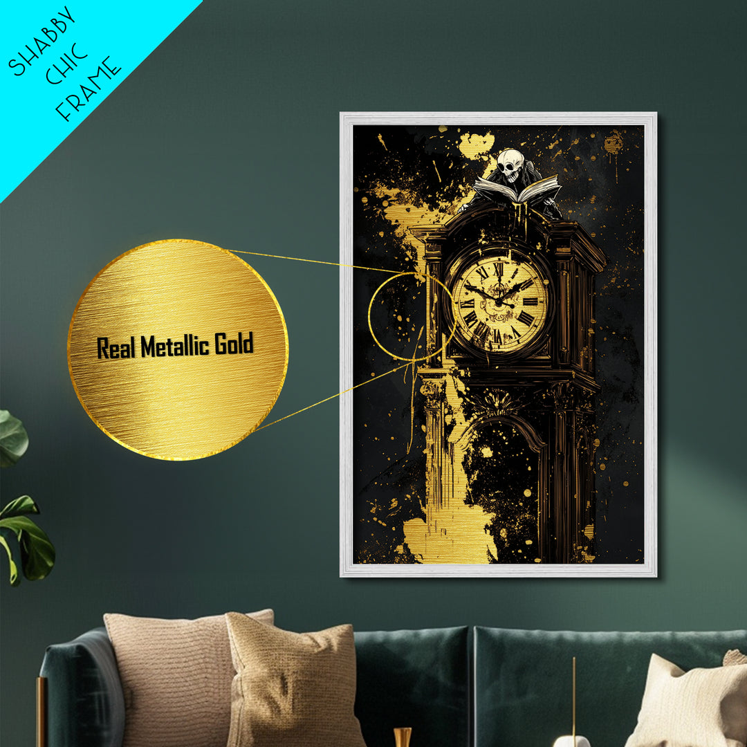 Haunted Grandfather Clock Metallic Gold Art Metal Art Gothic Halloween Decor Framed in Natural Real Wood for Spooky Home