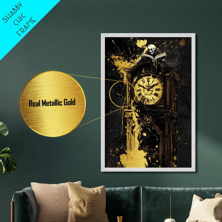 Haunted Grandfather Clock Metallic Gold Art Metal Art Gothic Halloween Decor Framed in Natural Real Wood for Spooky Home