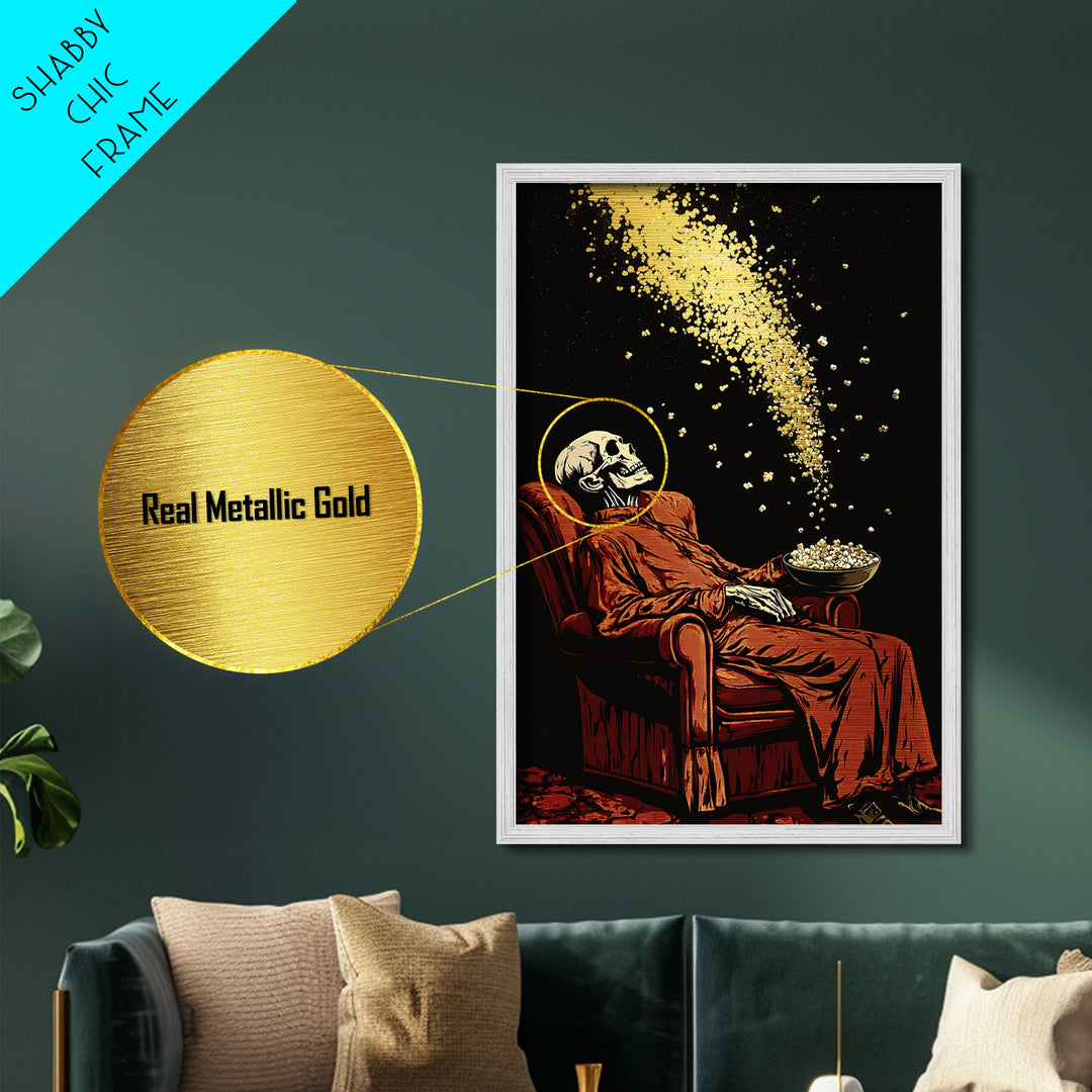 Skeleton Popcorn Metallic Gold Art Metal Art Haunted Movie Night Gothic Spooky Season Wall Print with Solid Real Wood Frame