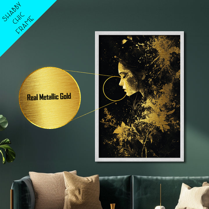 Metallic Gold Art Haunted Floral Woman Wall Decor | Spooky Witchy Metal Art with Real Wood Frame | Halloween Gothic Dark Bloom Design
