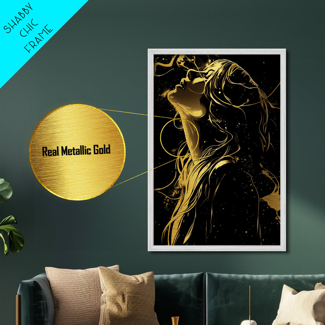 Gold Line Art Witch in Wind – Metallic Gold Art, Halloween Metal Art Print with Real Wood Frame, Stylish Spooky Season Decor